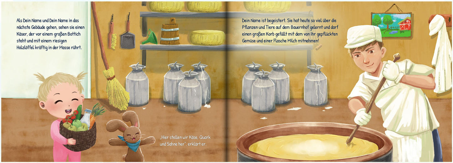 Buchseite mit personalisiertem Kind und Haustier auf einem Bauernhof bei der Herstellung von Käse